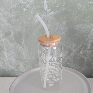 Heart Pattern Glass Tumbler with Bamboo Lid and Straw Mom Poem New